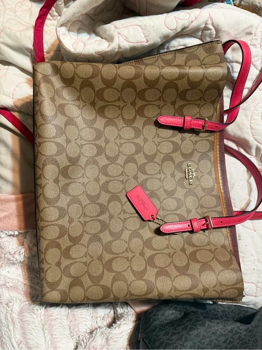 Coach Brown Signature Canvas Tote with Pink Trim